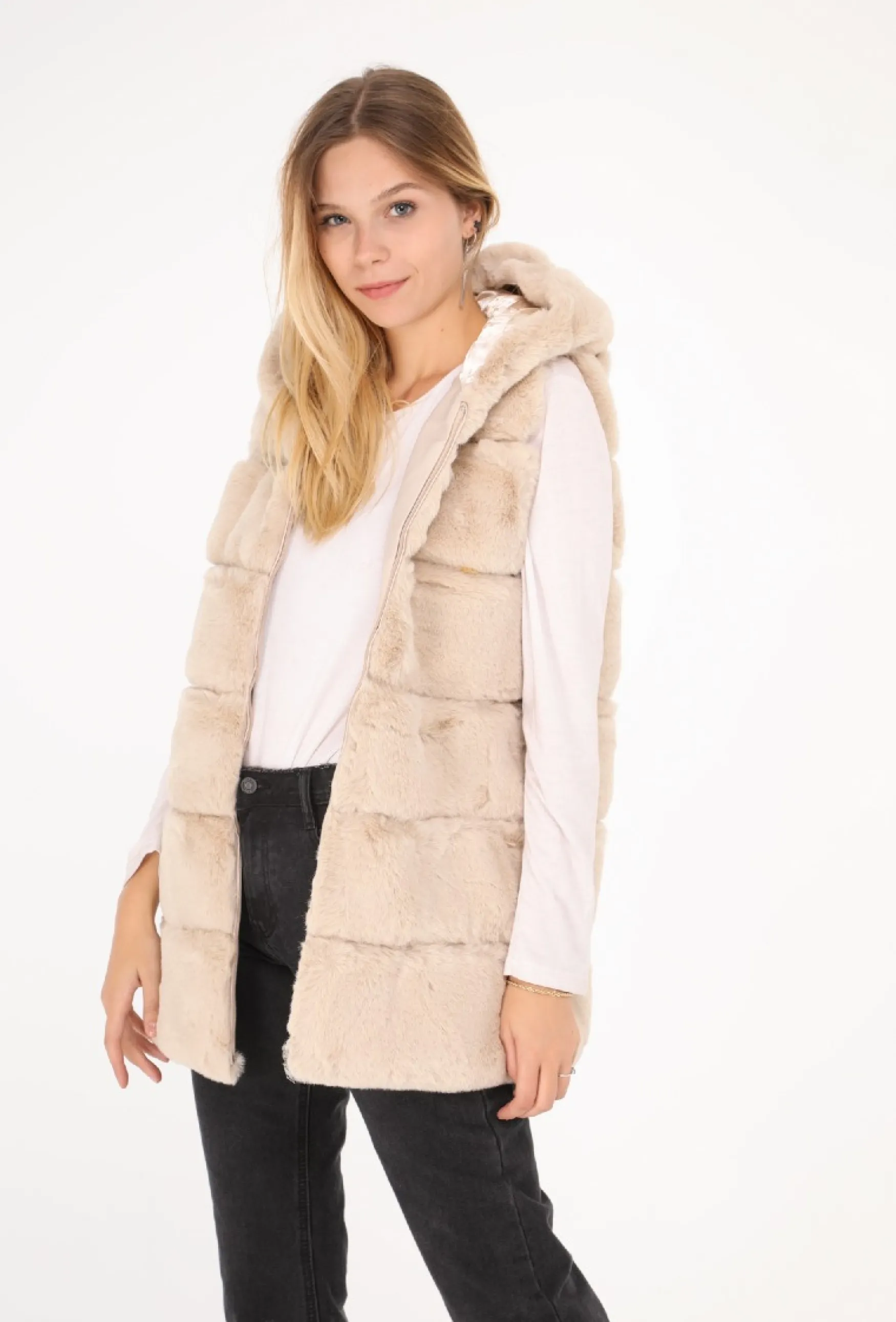 Outlet Choklate Paris Faux fur vest with hood, beige