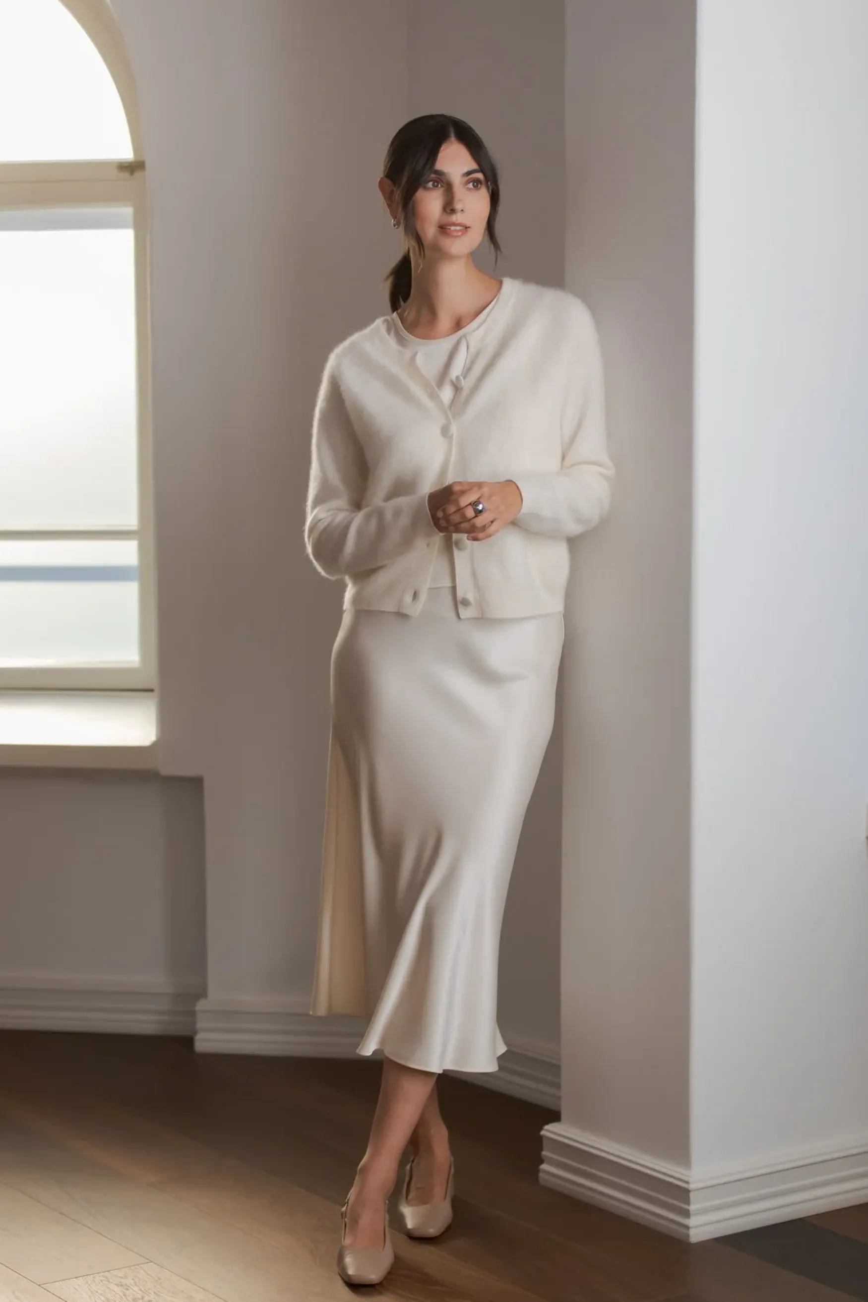 Clearance Original Story Karla twin set cashmere cardigan, cream