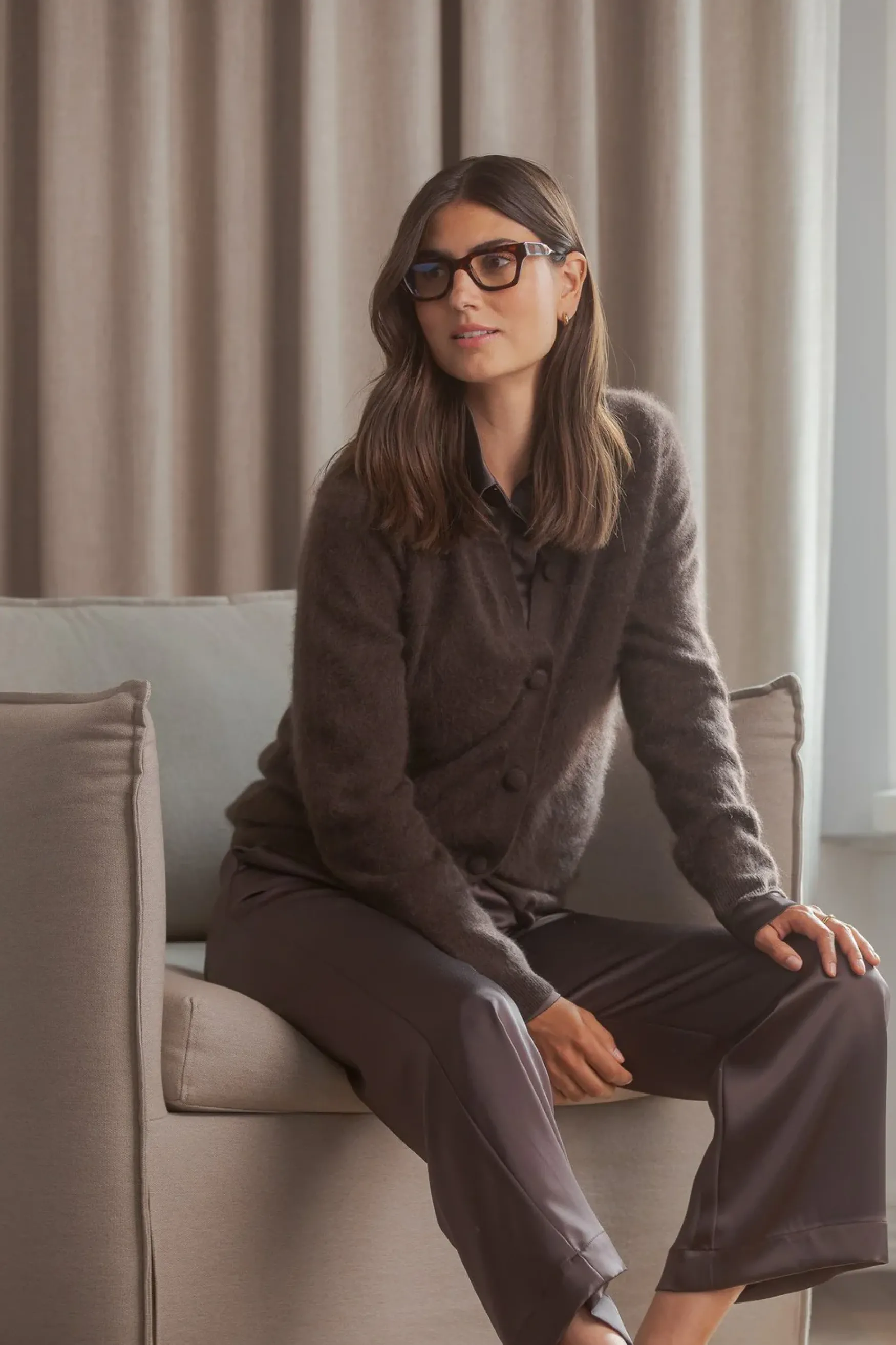 Clearance Original Story Karla twin set cashmere cardigan, dark chocolate