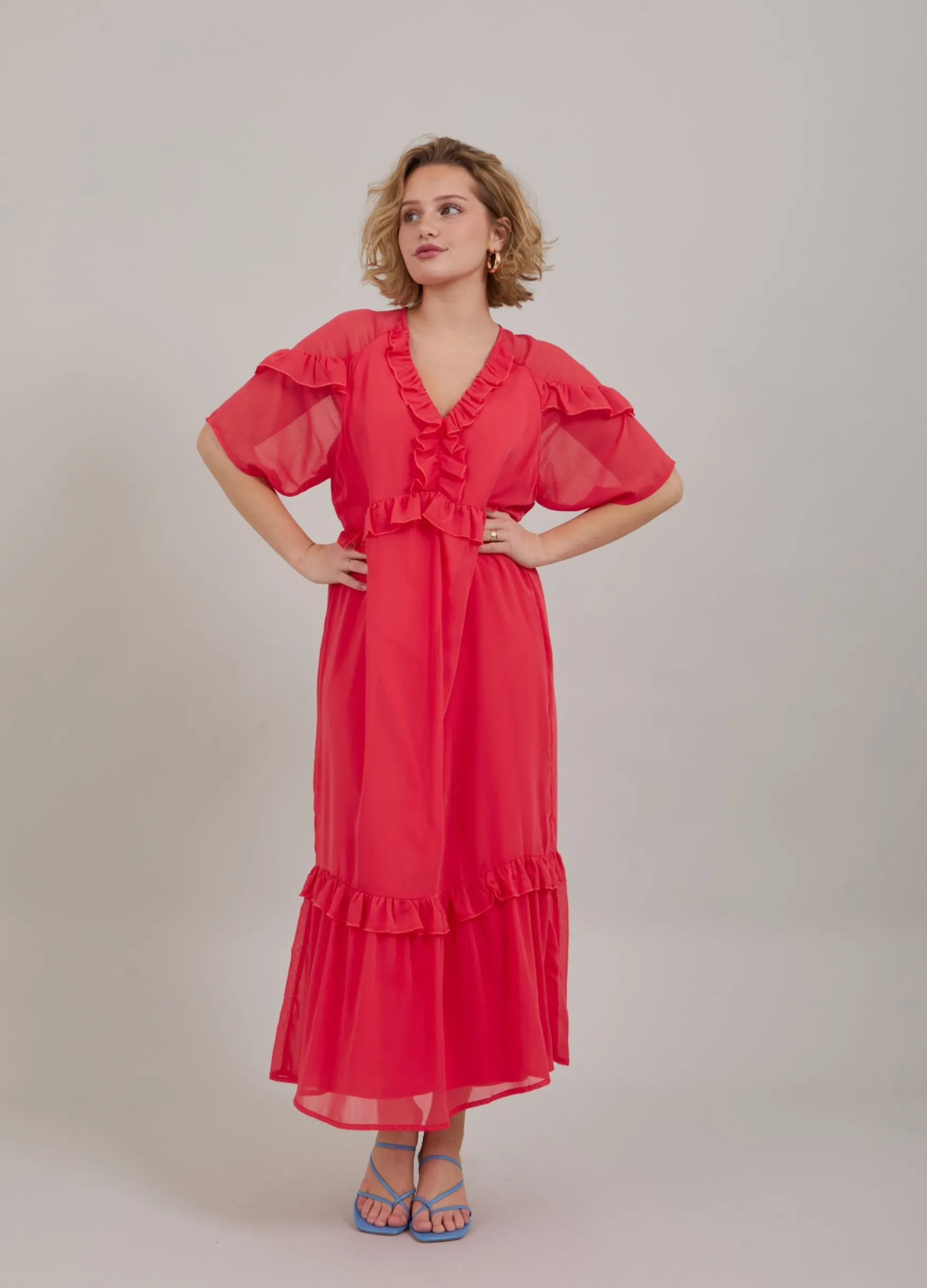 New Coster Copenhagen Long dress with frills, coral pink