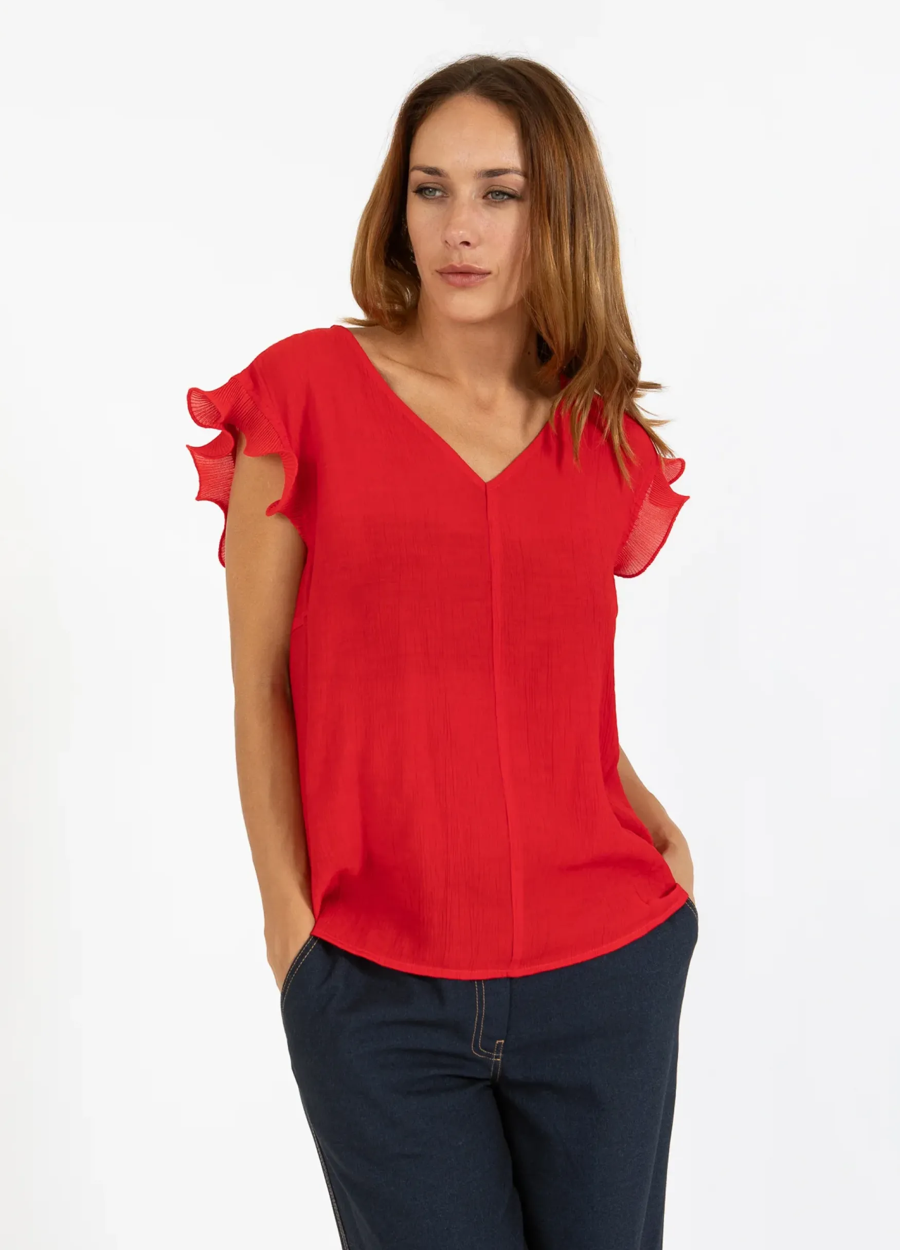 Discount Coster Copenhagen Top with ruffles in v-neck, scarlet red